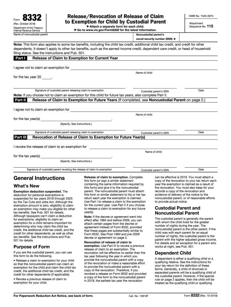 2018 2025 Form IRS 8332 Fill Online Printable Fillable Blank PdfFiller