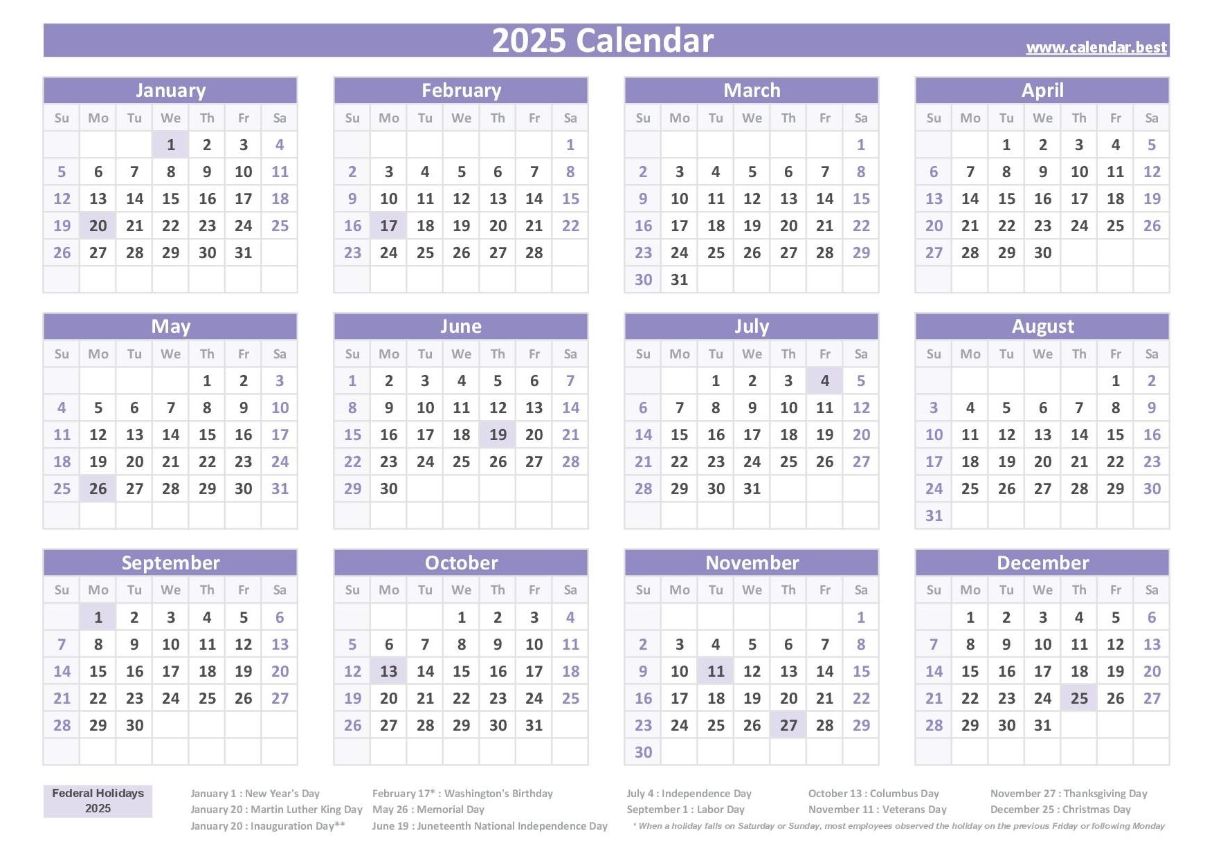 Free Printable Calendar With Holidays 2025