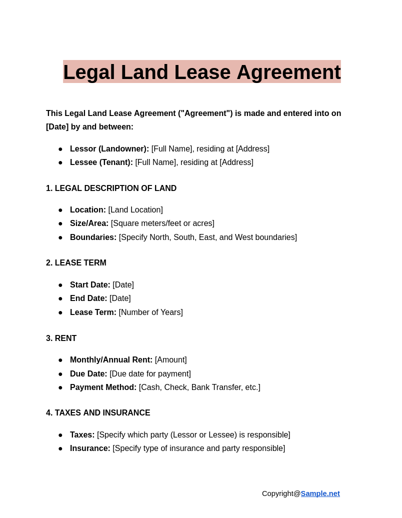 Free Printable Land Rental Agreements