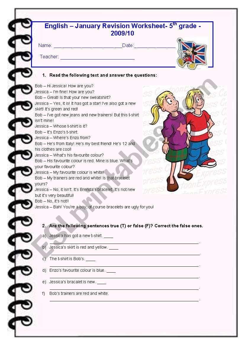 Printable English Worksheets For 5th Grade No Answers