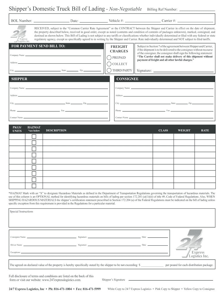 Bill Of Lading Printable Form