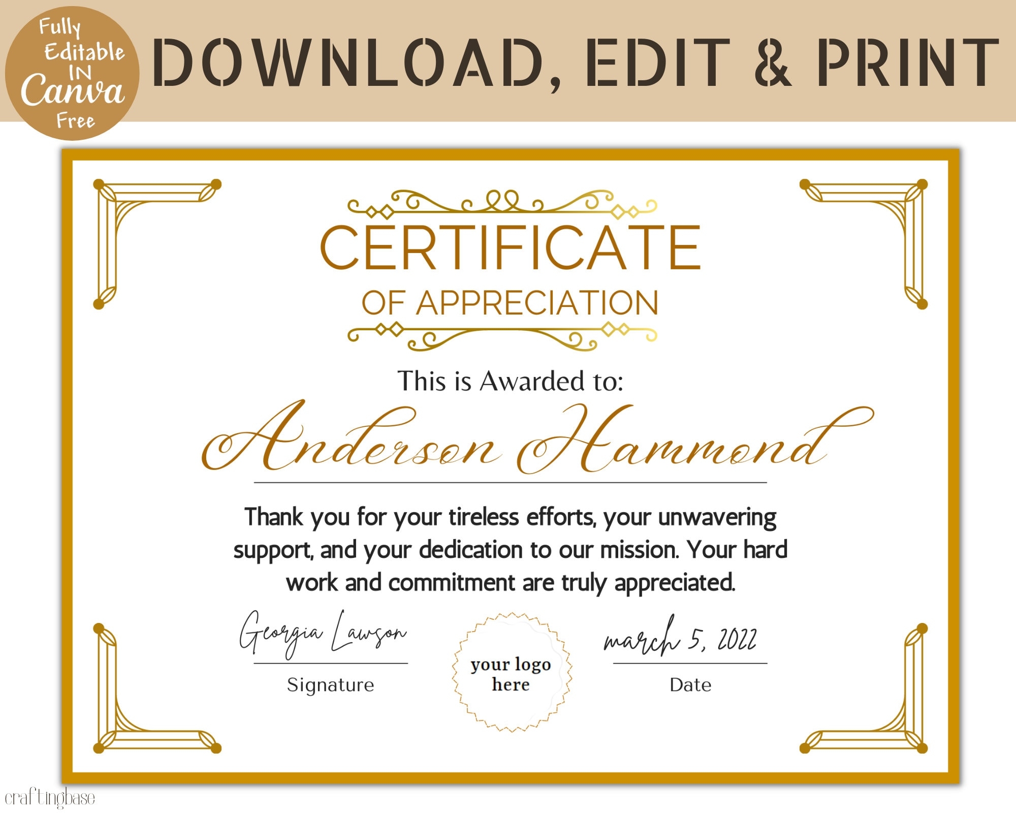Certificate Of Appreciation Template Editable Appreciation Certificate Certificate Canva Template Instant Digital Download Etsy