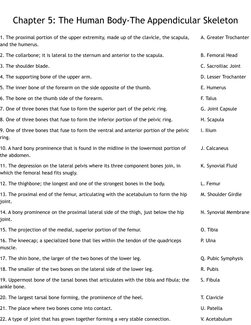 Printable Worksheets Of The Human Appendicular Skeleton