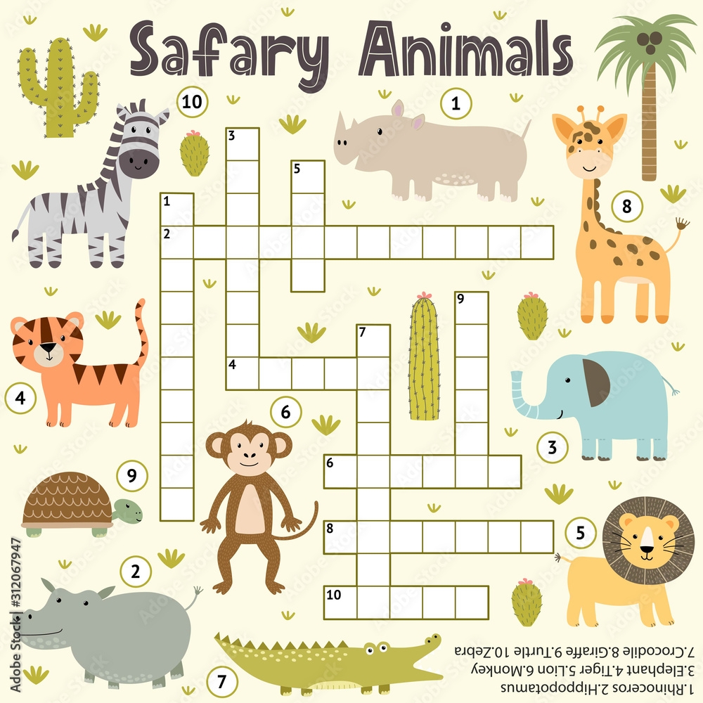 Crossword For Kids With Cute Safari Animals Word Search Puzzle Stock Vector Adobe Stock