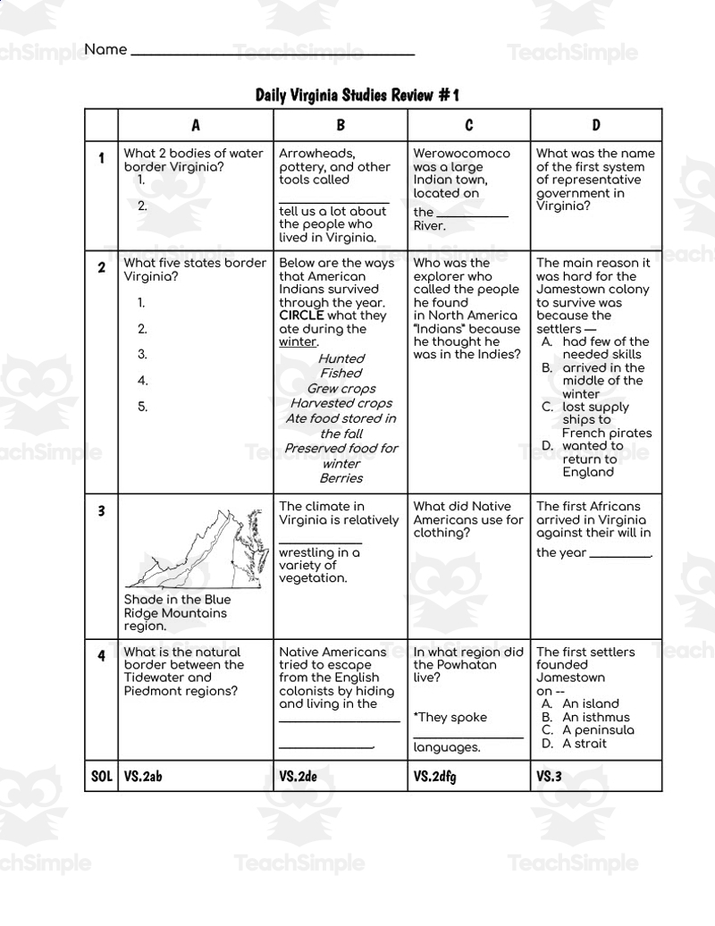 Daily Virginia Studies Review 1 SOLs 2 3 By Teach Simple