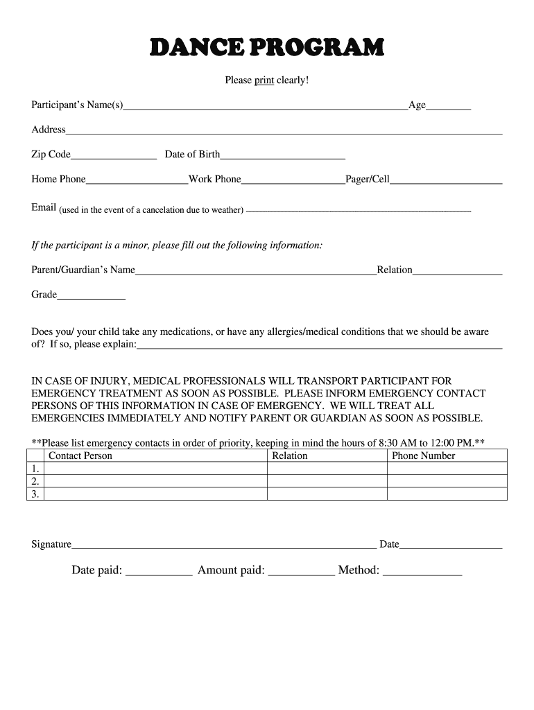 Dance Classes Registration Form Fill Online Printable Fillable Blank PdfFiller