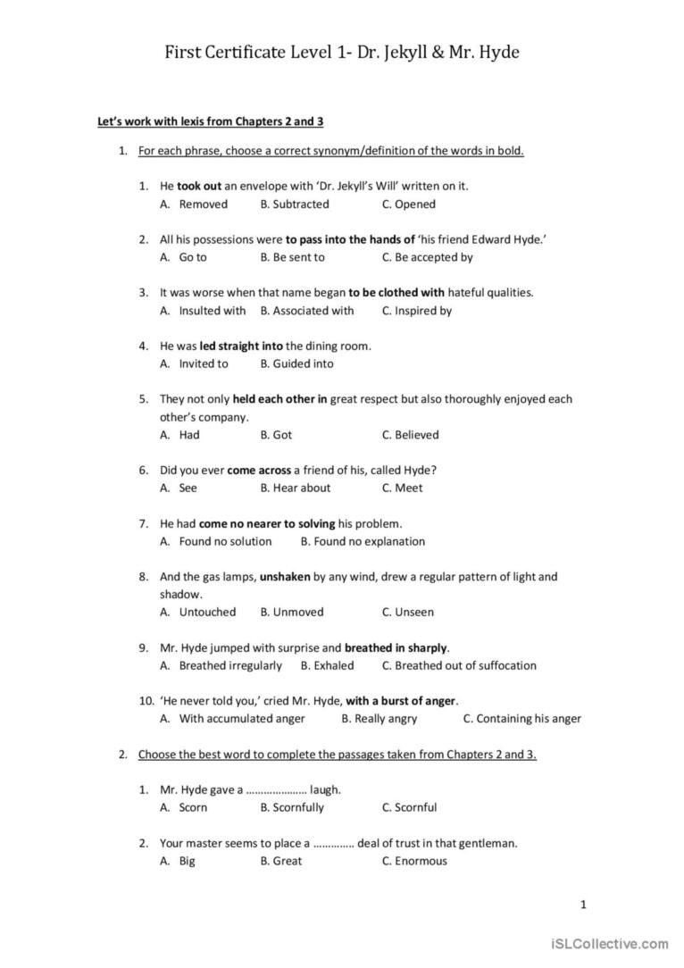 Dr Jekyll And Mr Hyde English ESL Worksheets Pdf Doc
