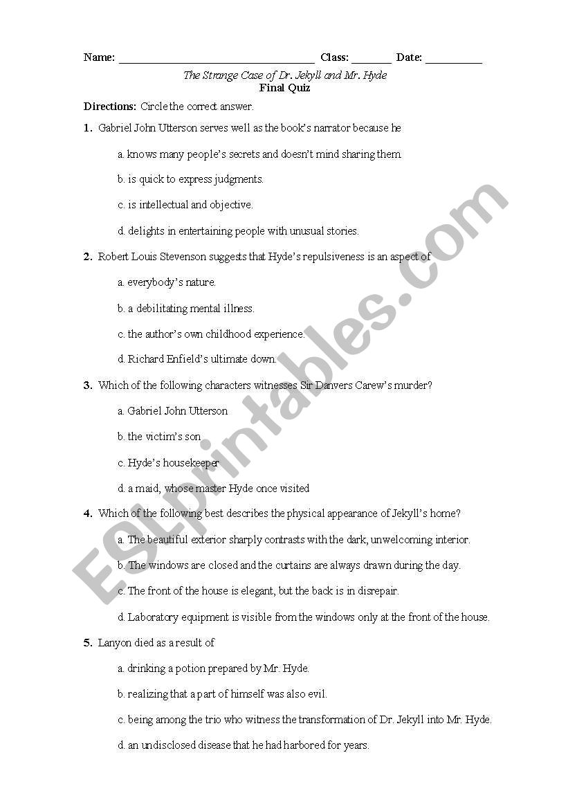 Dr Jekyll And Mr Hyde Printable Worksheets