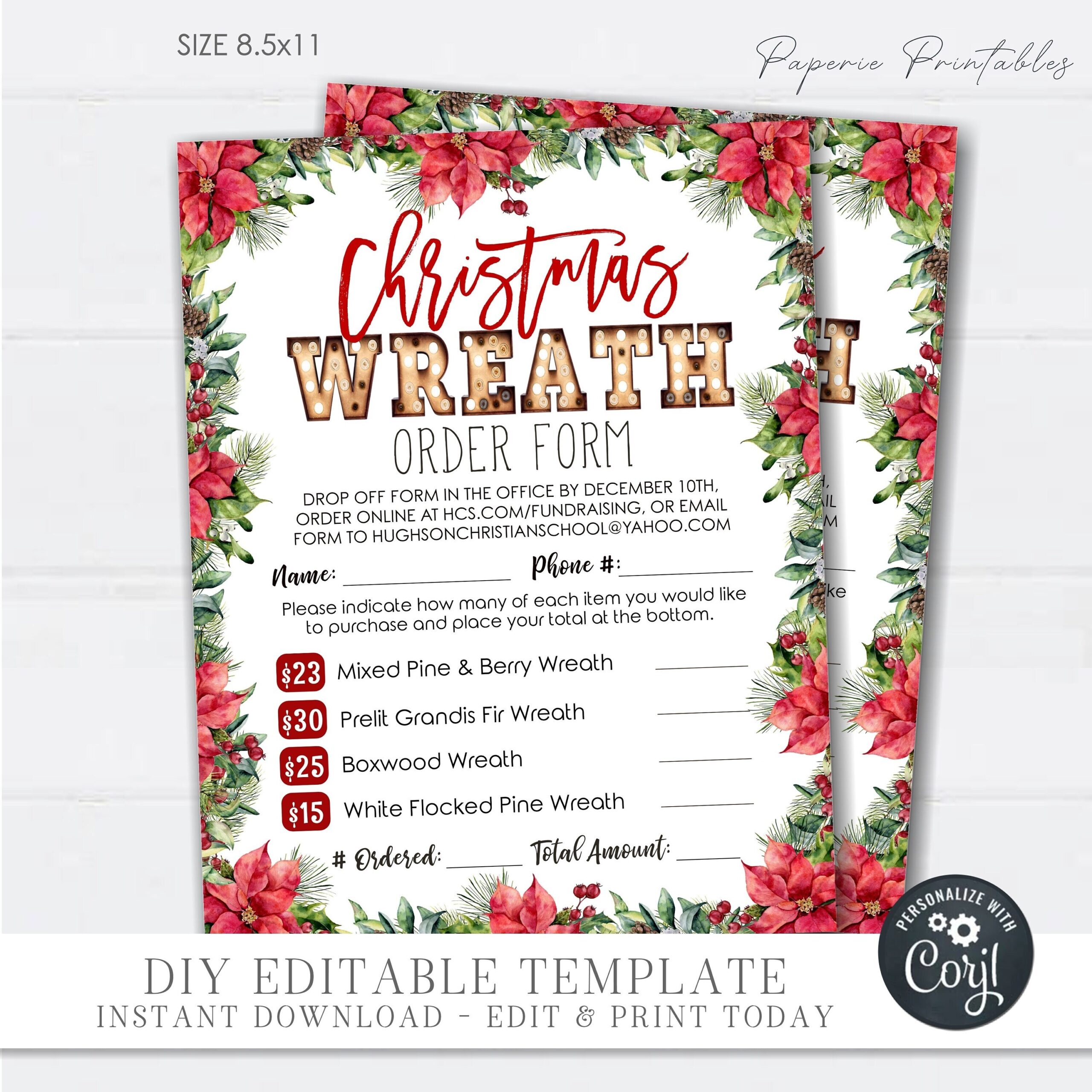 EDITABLE Christmas Wreath Fundraising Order Form Christmas Wreath Sale Order Form Christmas Wreath Order Form Printable DIY Corjl CF30 Etsy