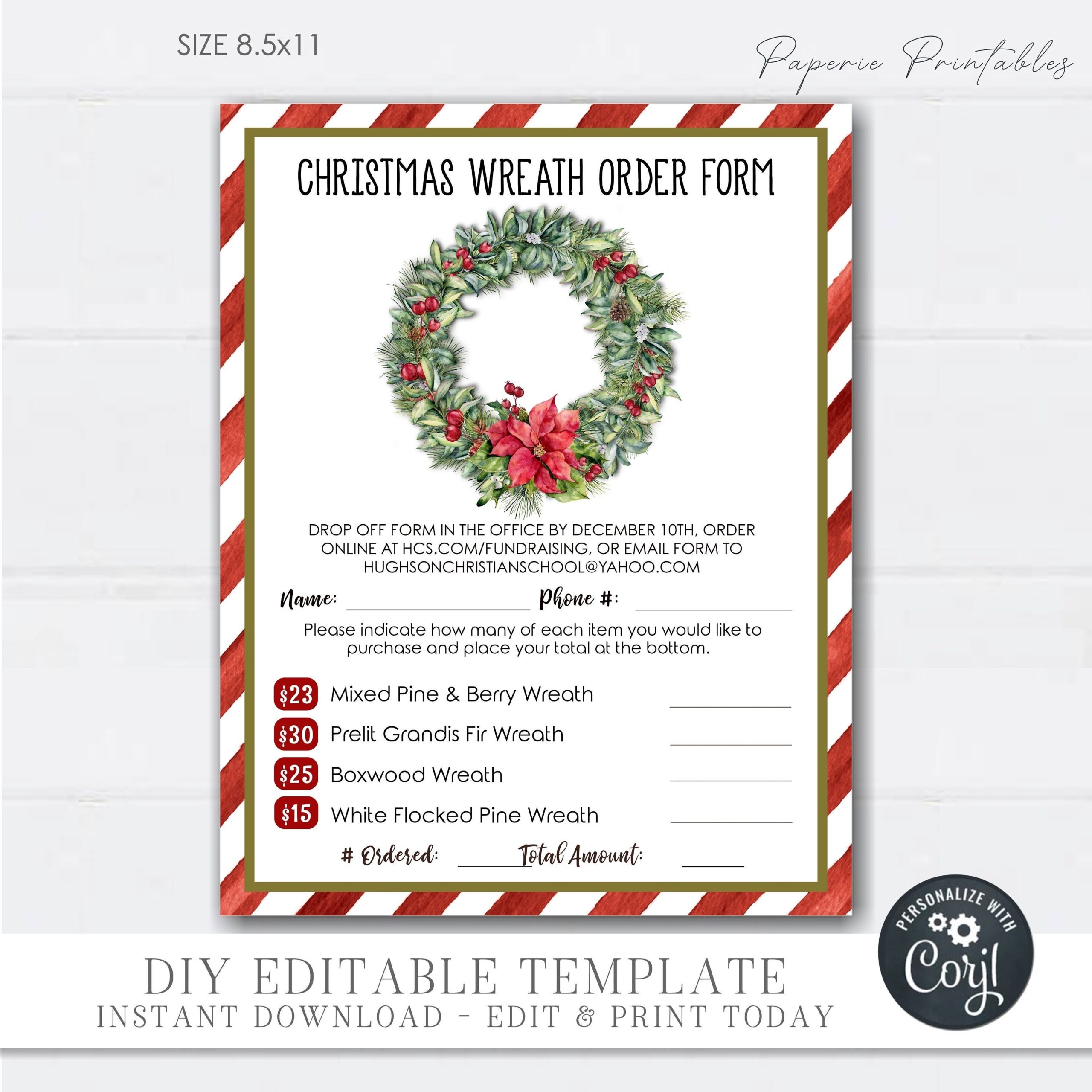EDITABLE Christmas Wreath Fundraising Order Form Wreath Sale Order Form Christmas Wreath Order Form Printable DIY Corjl CF26 CF32 Etsy