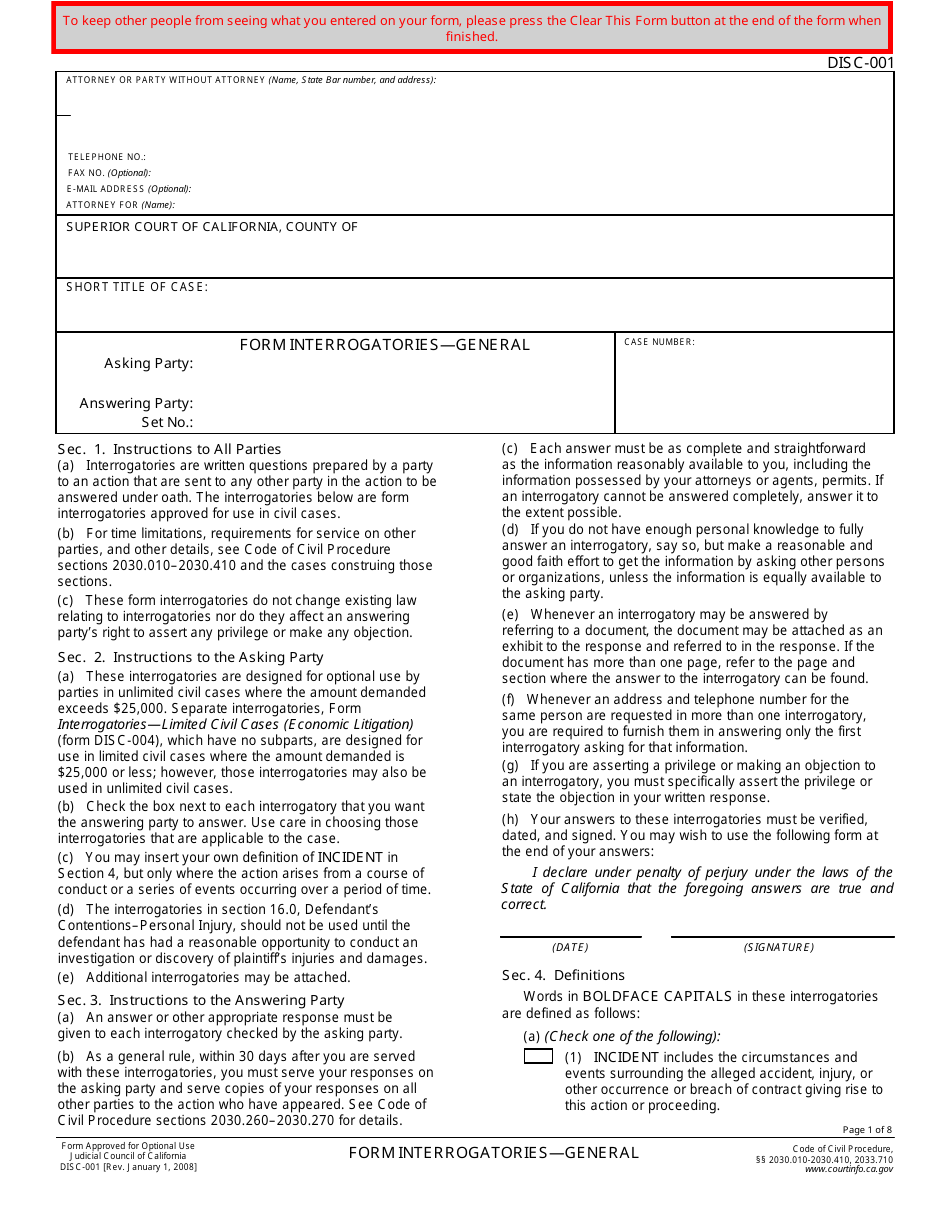 Form DISC 001 Fill Out Sign Online And Download Fillable PDF California Templateroller