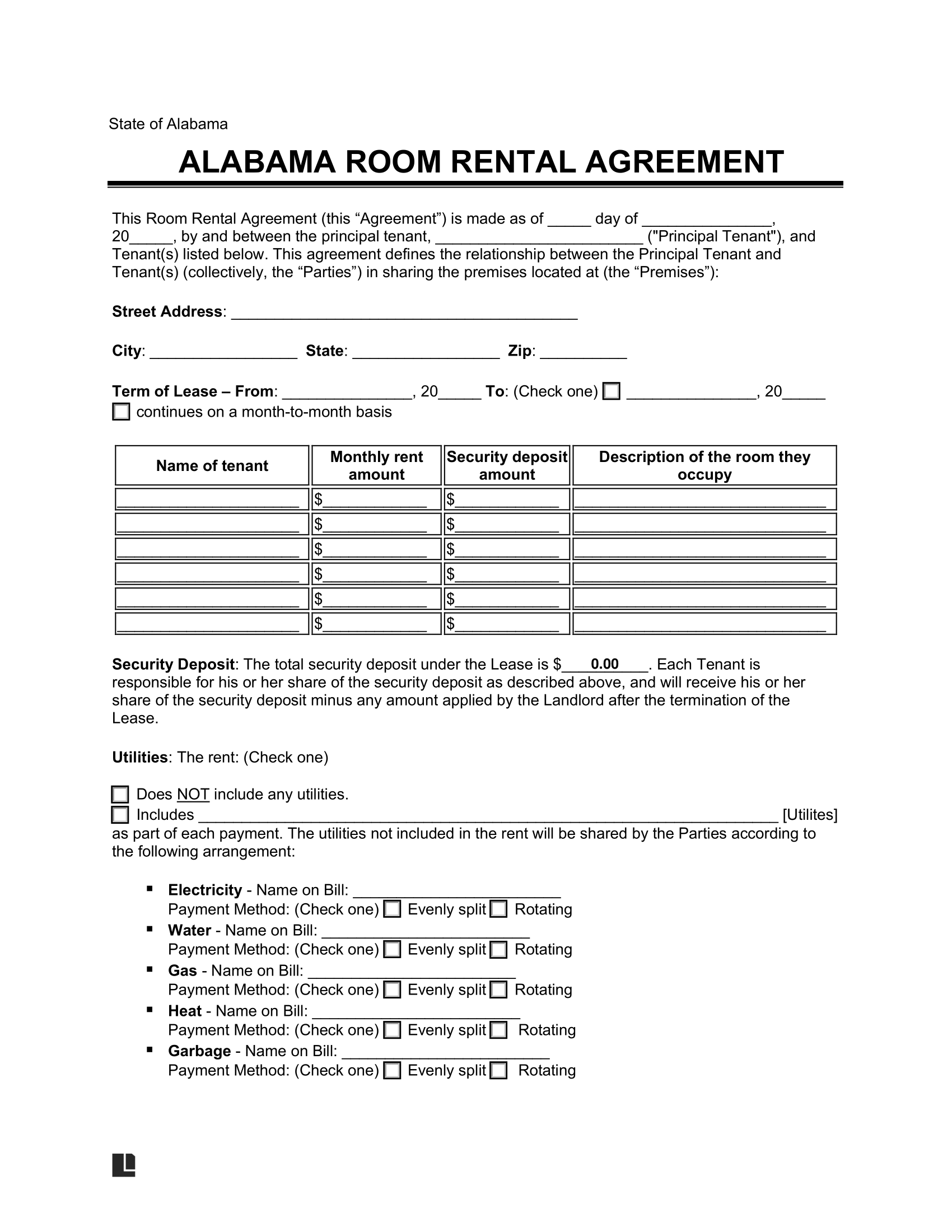 Free Alabama Room Rental Agreement Template PDF Word