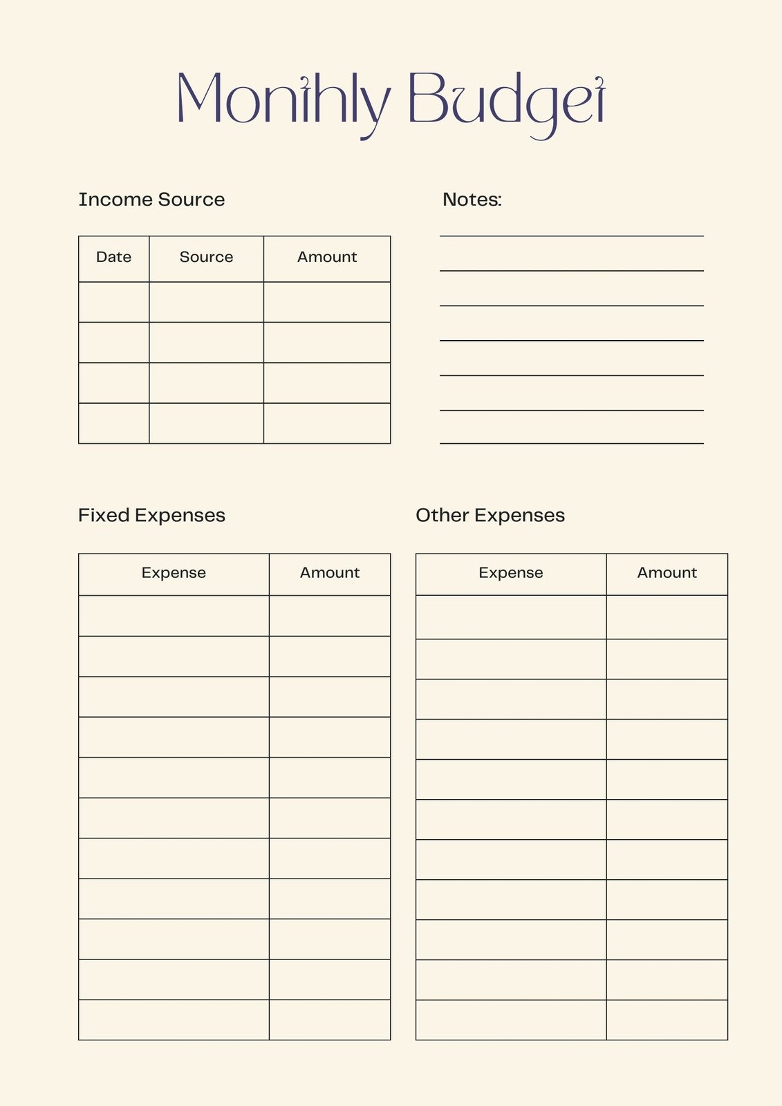 Blank Printable Simple Monthly Budget Template