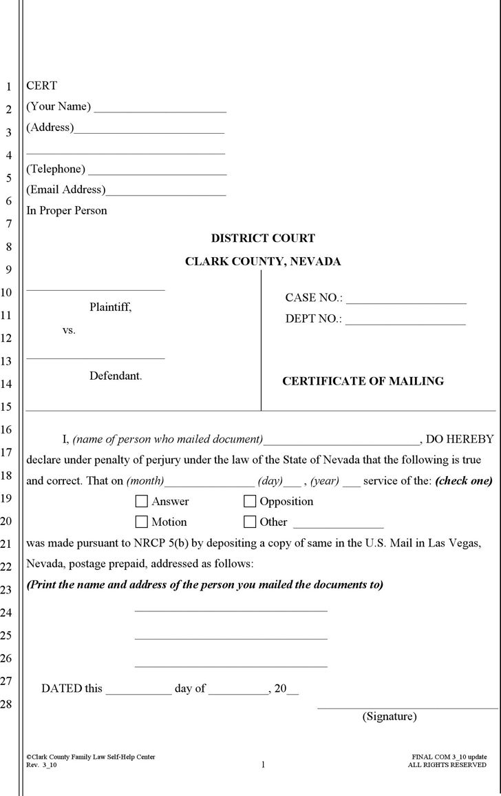 Certificate Of Mailing Printable