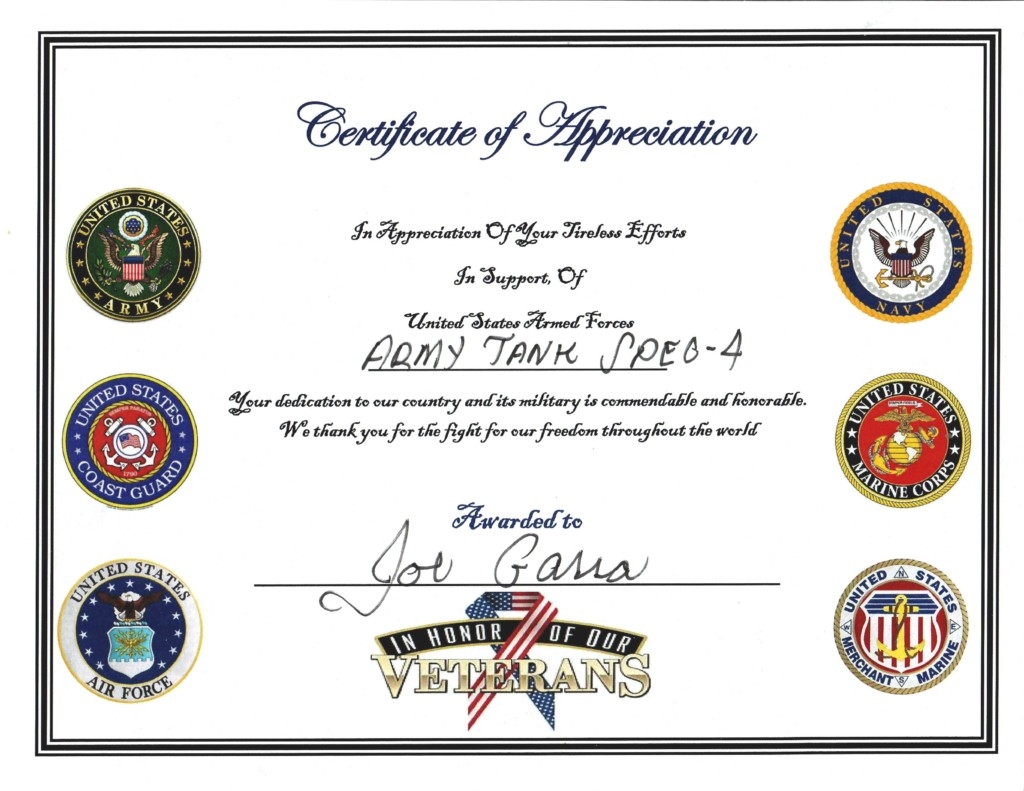Free Printable Certificates Of Appreciation For Veterans Printable Party Favors
