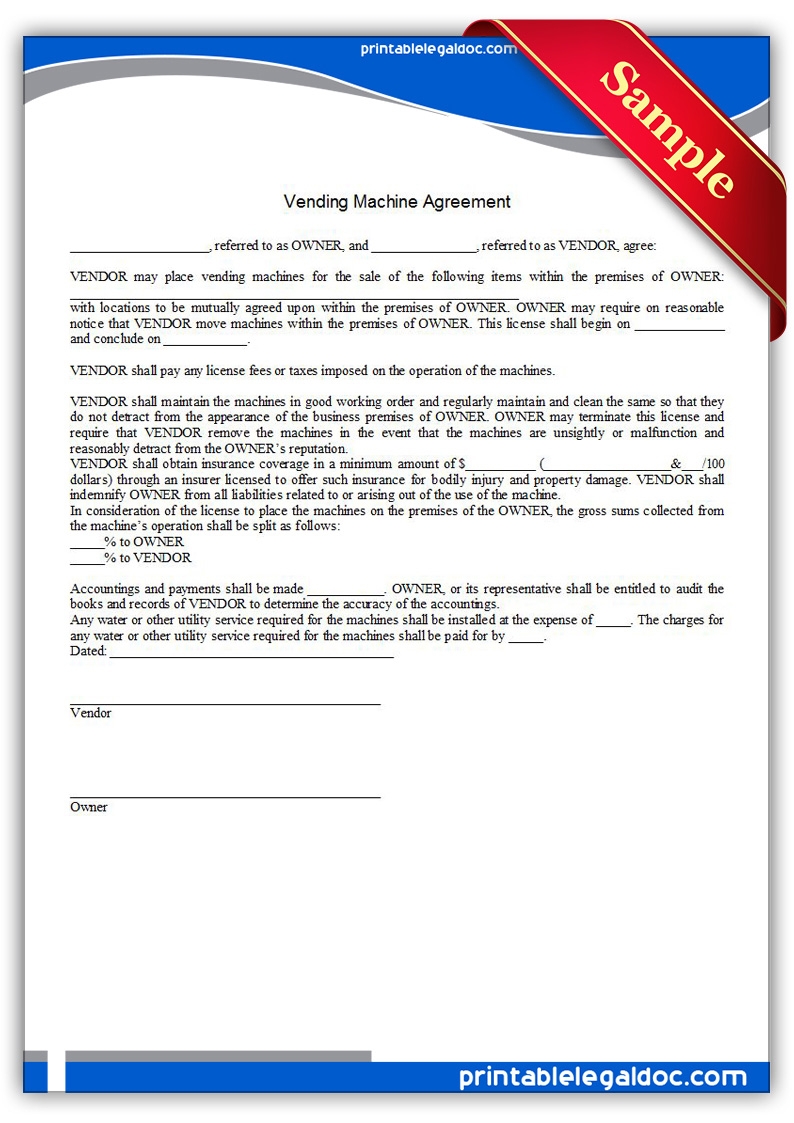 Free Printable Vending Machine Agreement Form GENERIC 