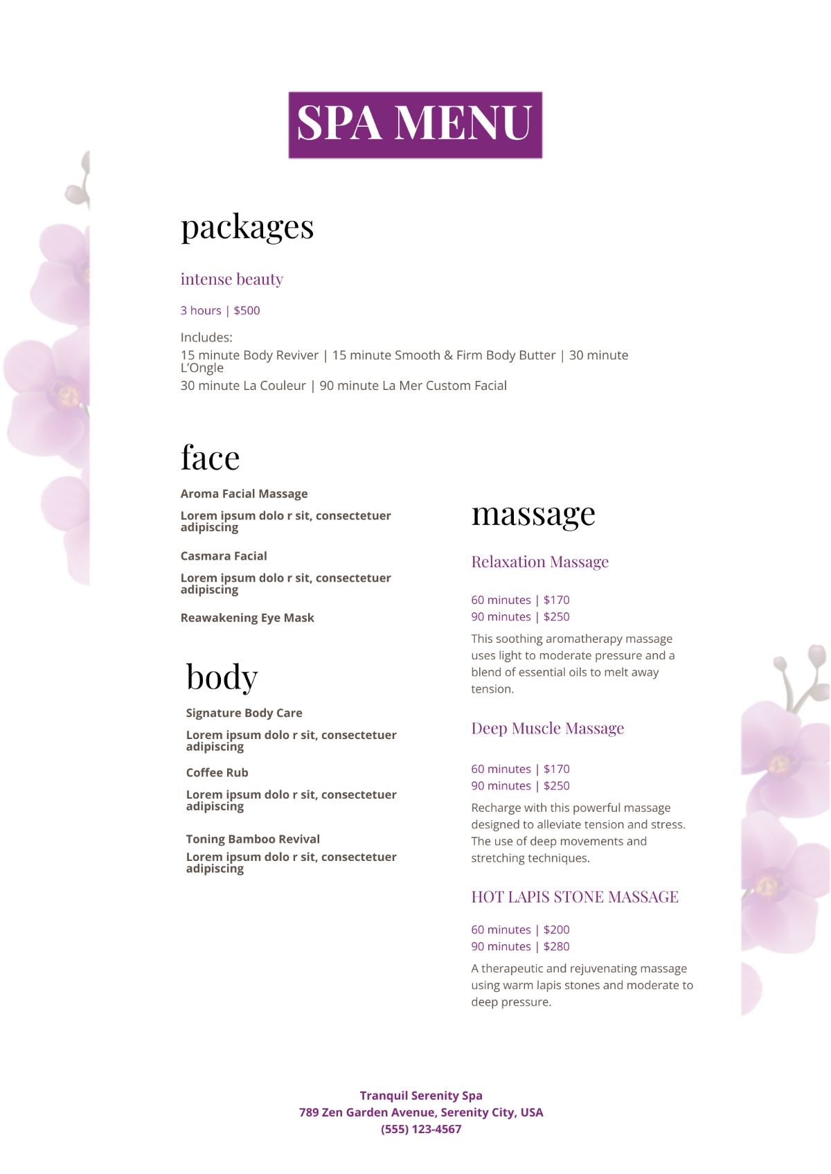 Free Printable Spa Menu Templates