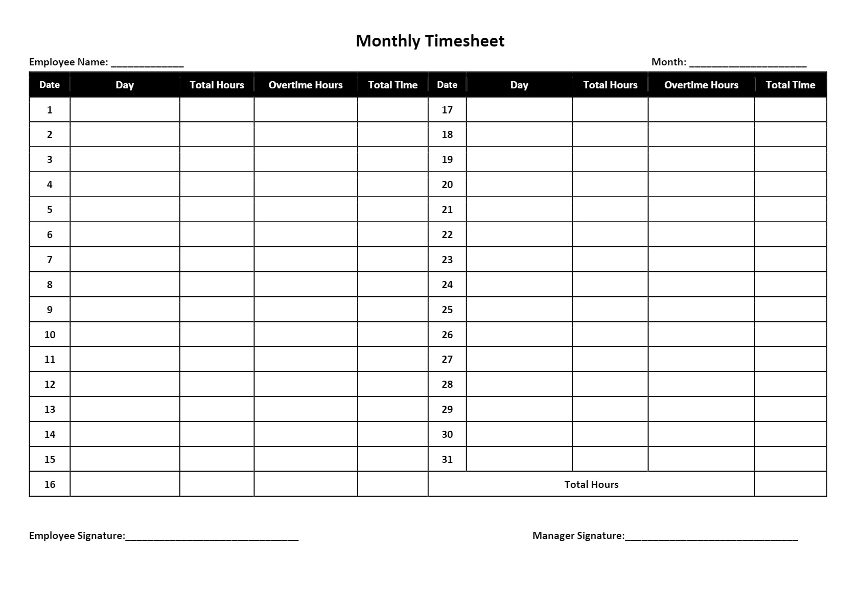 Printable Weekly Timesheet Template Word