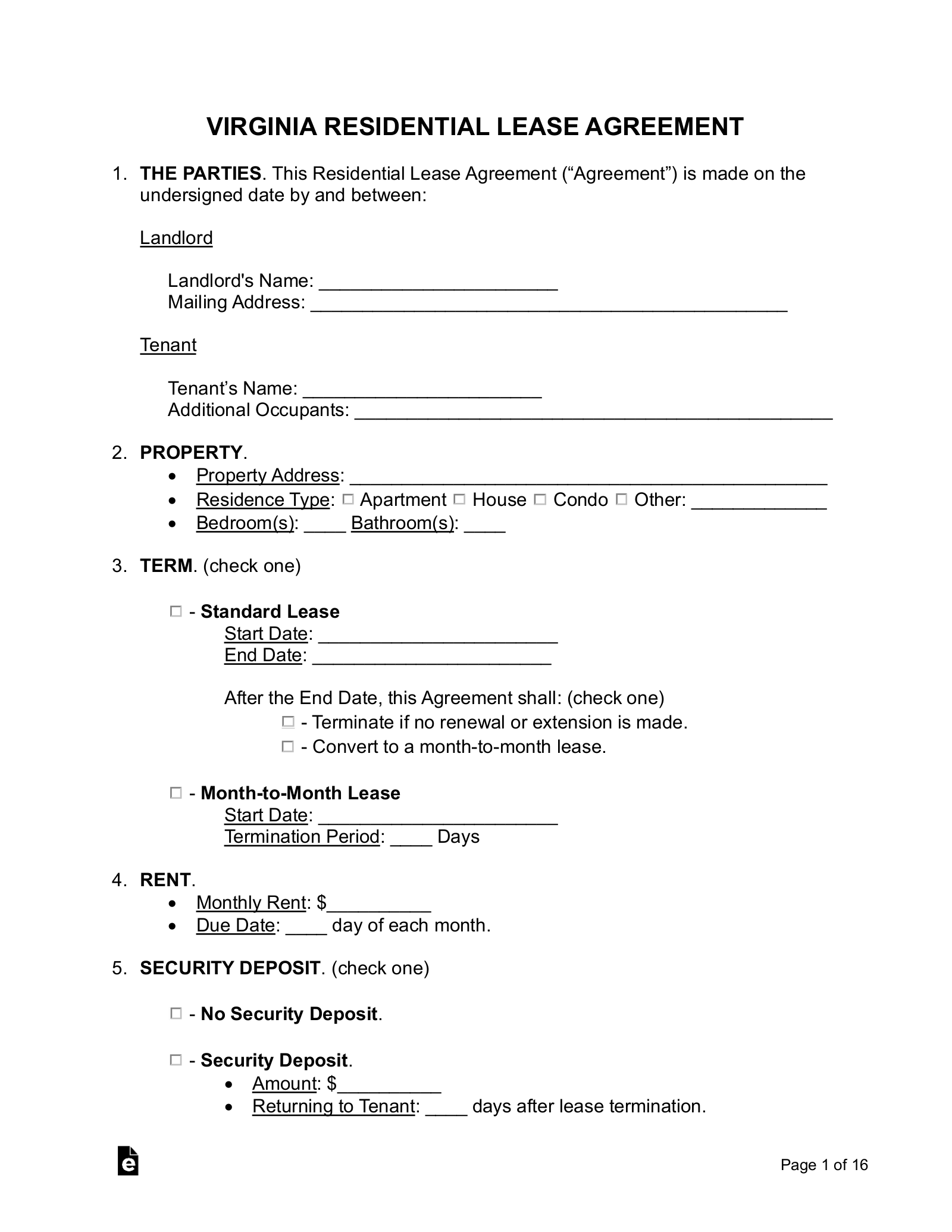 Free Virginia Lease Agreement Templates 6 PDF Word EForms