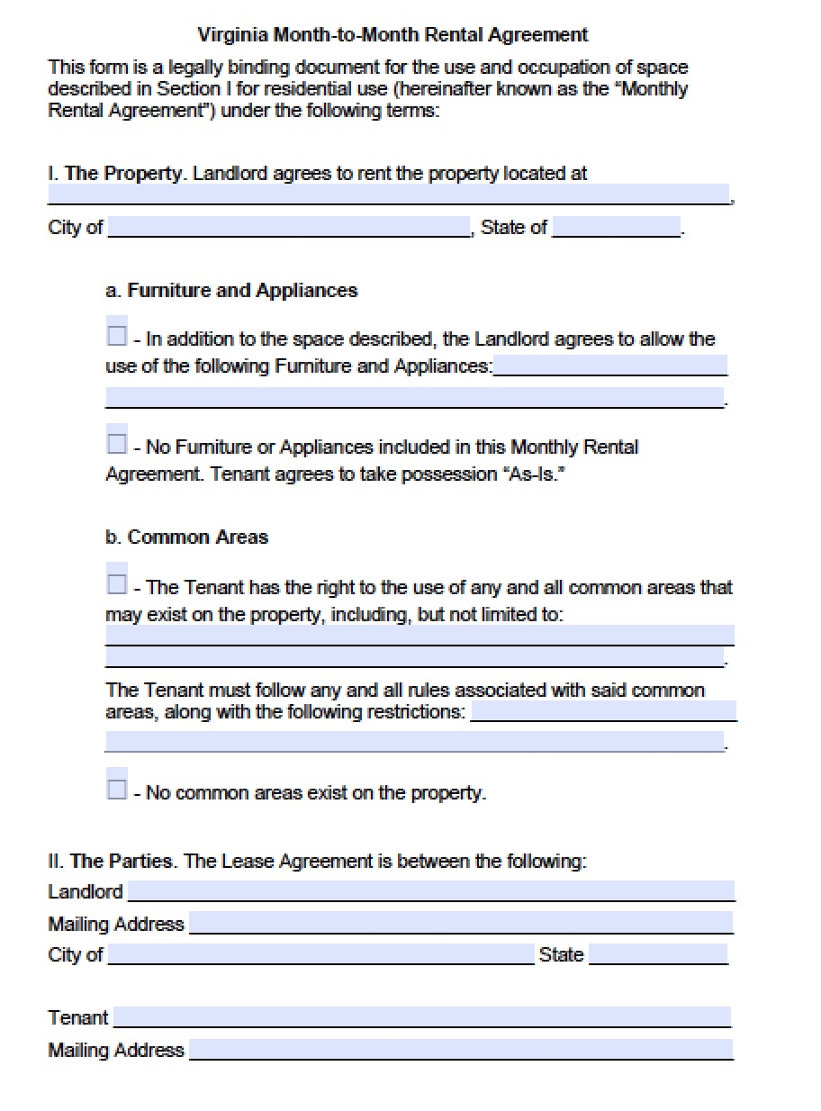 Free Virginia Rental Lease Agreement Templates PDF Word