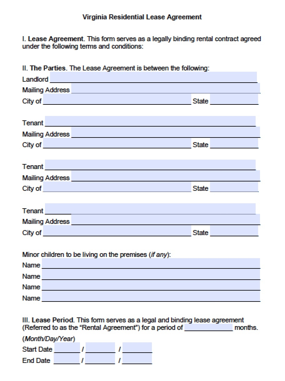 Free Virginia Rental Lease Agreement Templates PDF Word