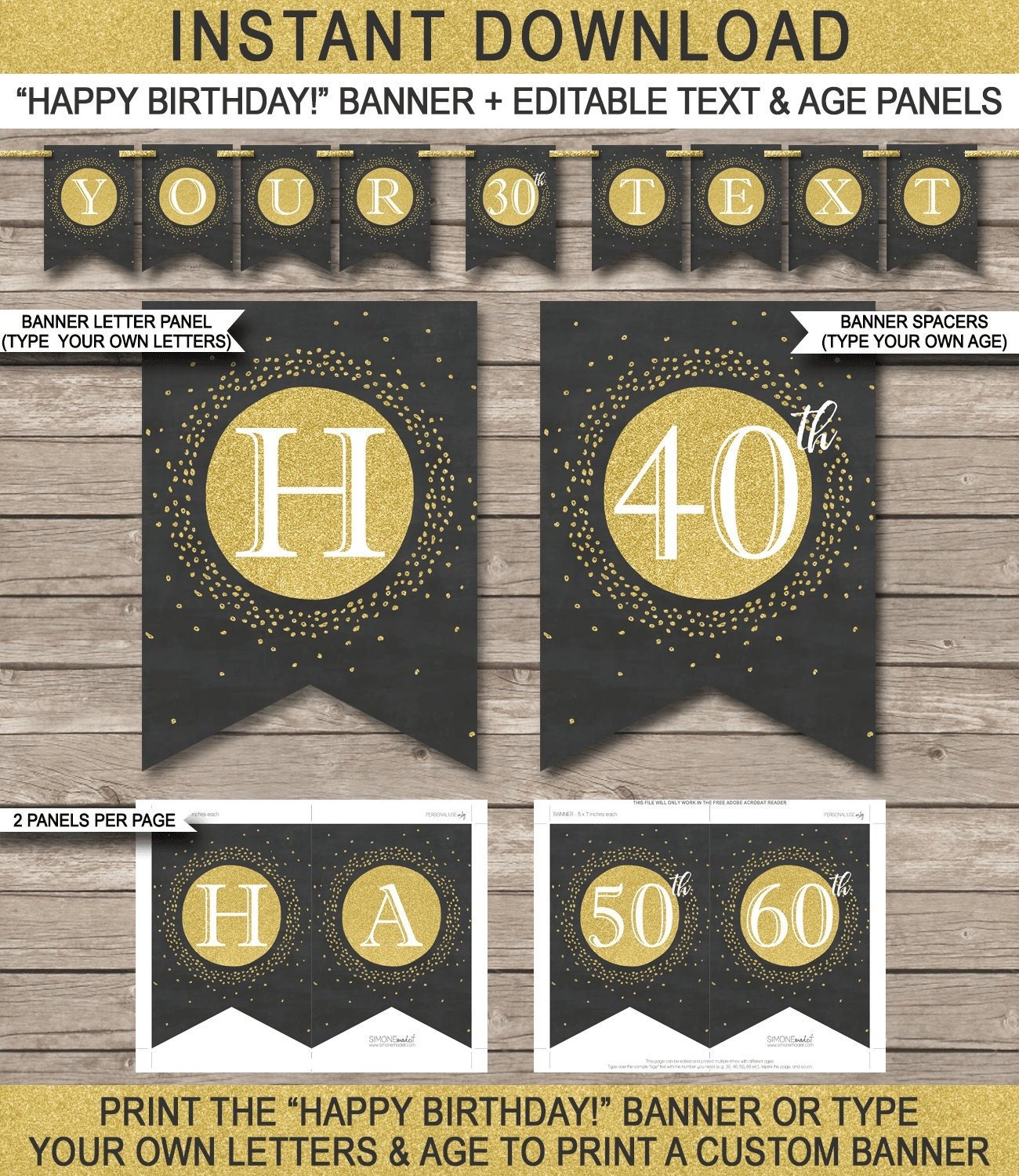 Happy Birthday Banner Printable 30th 40th 50th 60th Etc INSTANT DOWNLOAD With EDITABLE Text Print A Custom Age Banner Message Etsy