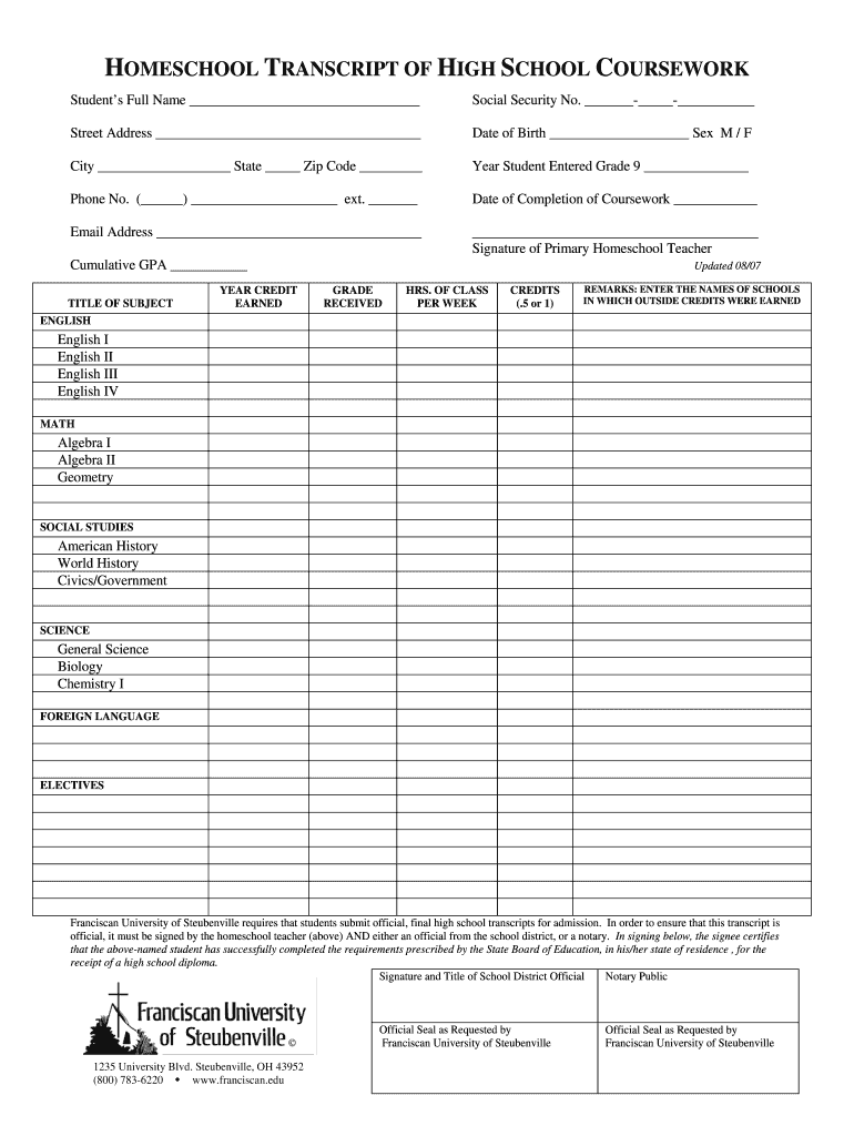 Homeschool Transcript Template Pdf Fill Online Printable Fillable Blank PdfFiller