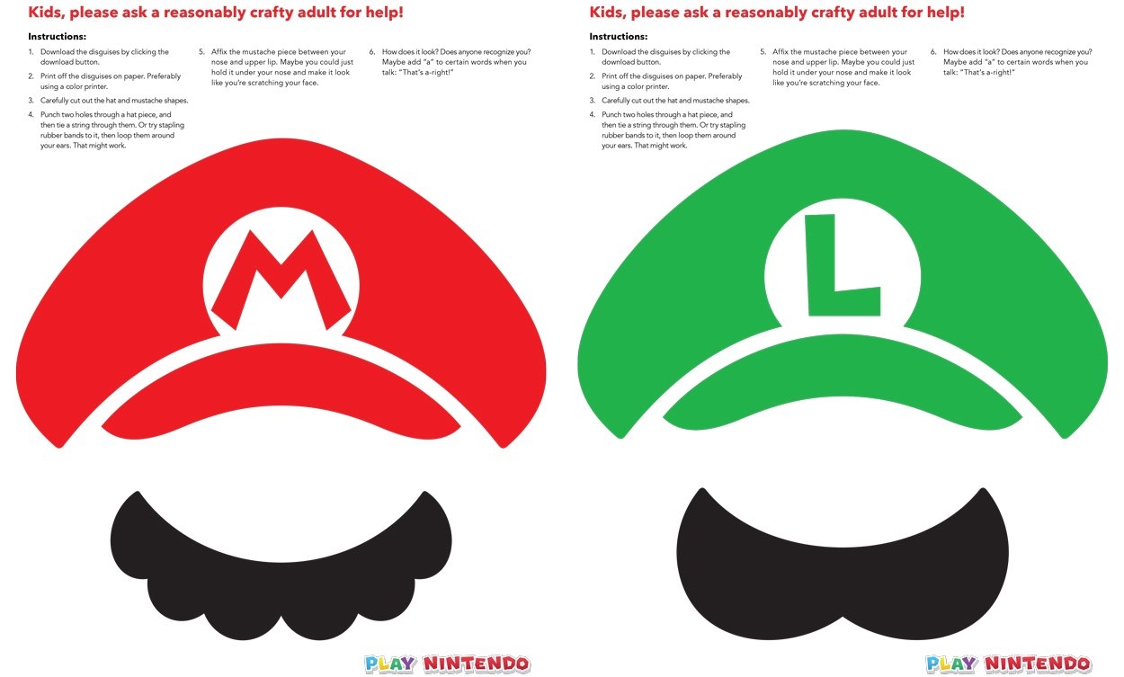 Mario And Luigi Instant Disguise Kit Printable Hats Mustaches Play Nintendo 