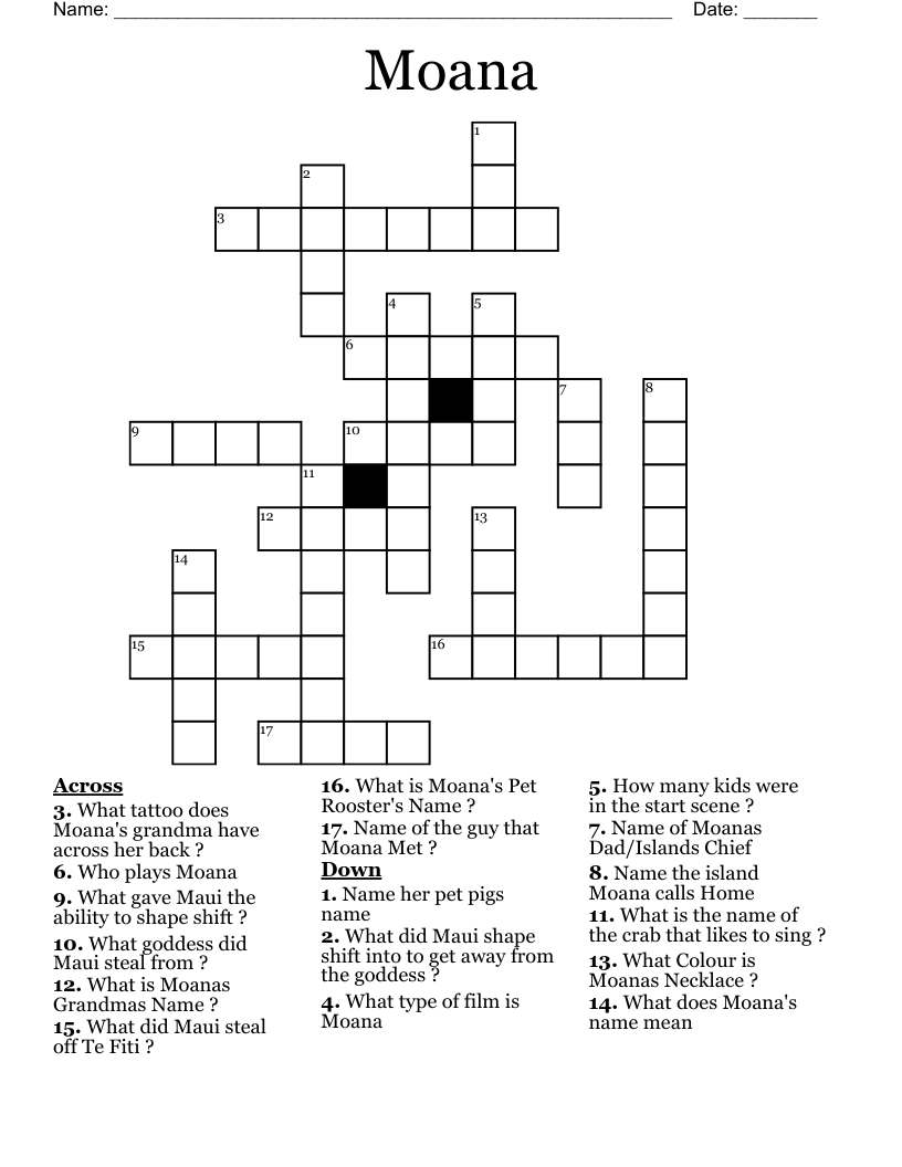 Moana Crossword WordMint