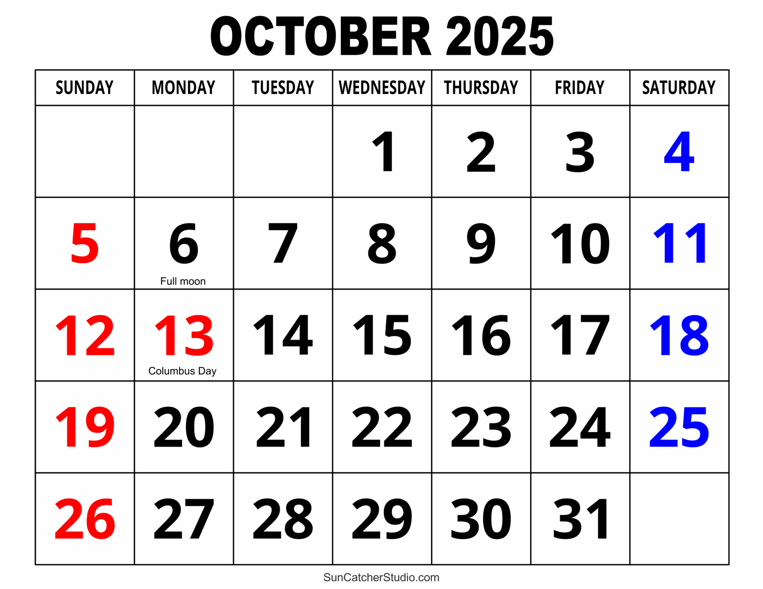 October 2025 Calendar Free Printable