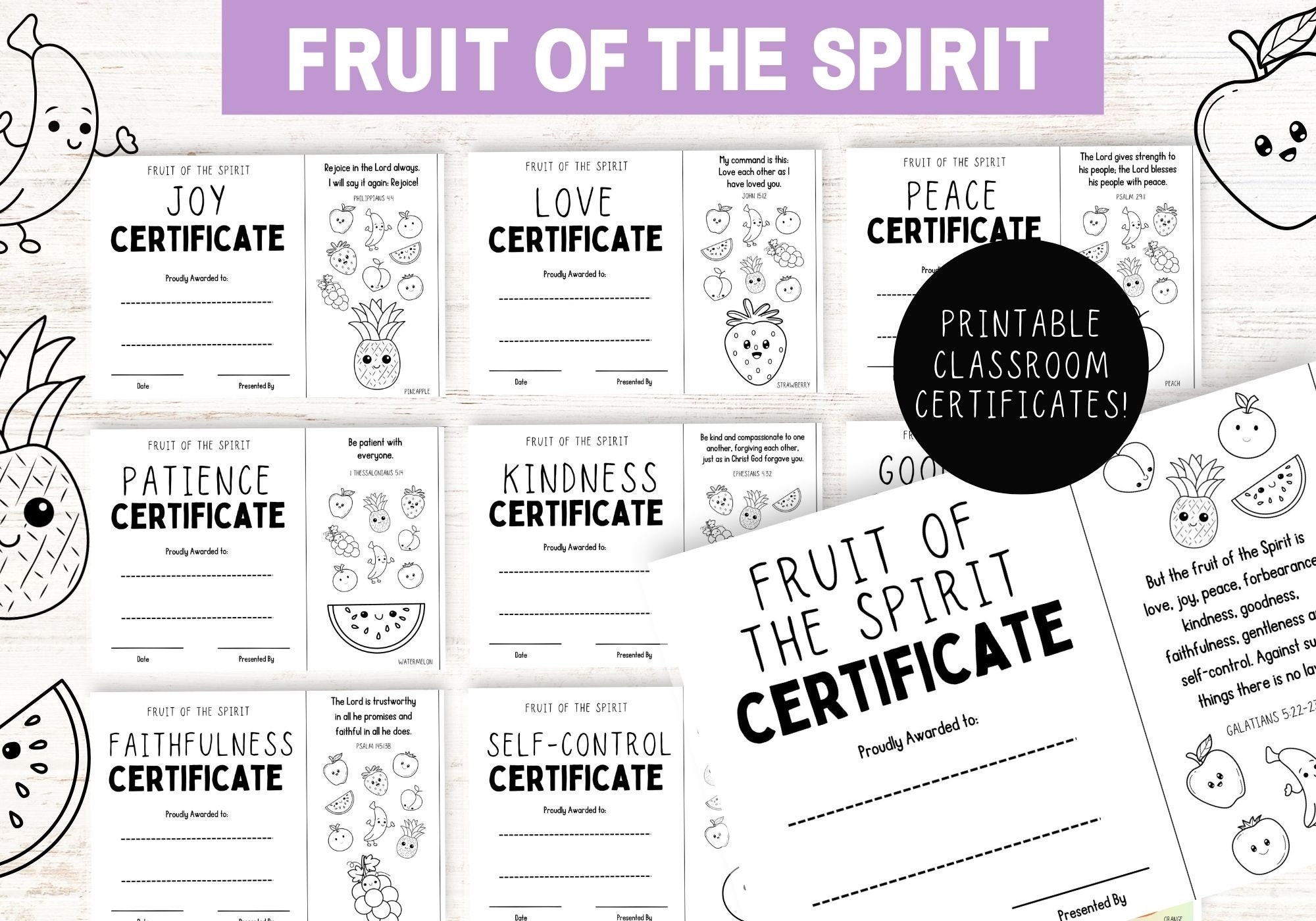 Printable Fruit Of The Spirit Certificates Printable Fruit Of The Spirit Award Christian Classroom Kids Bible Coloring Etsy