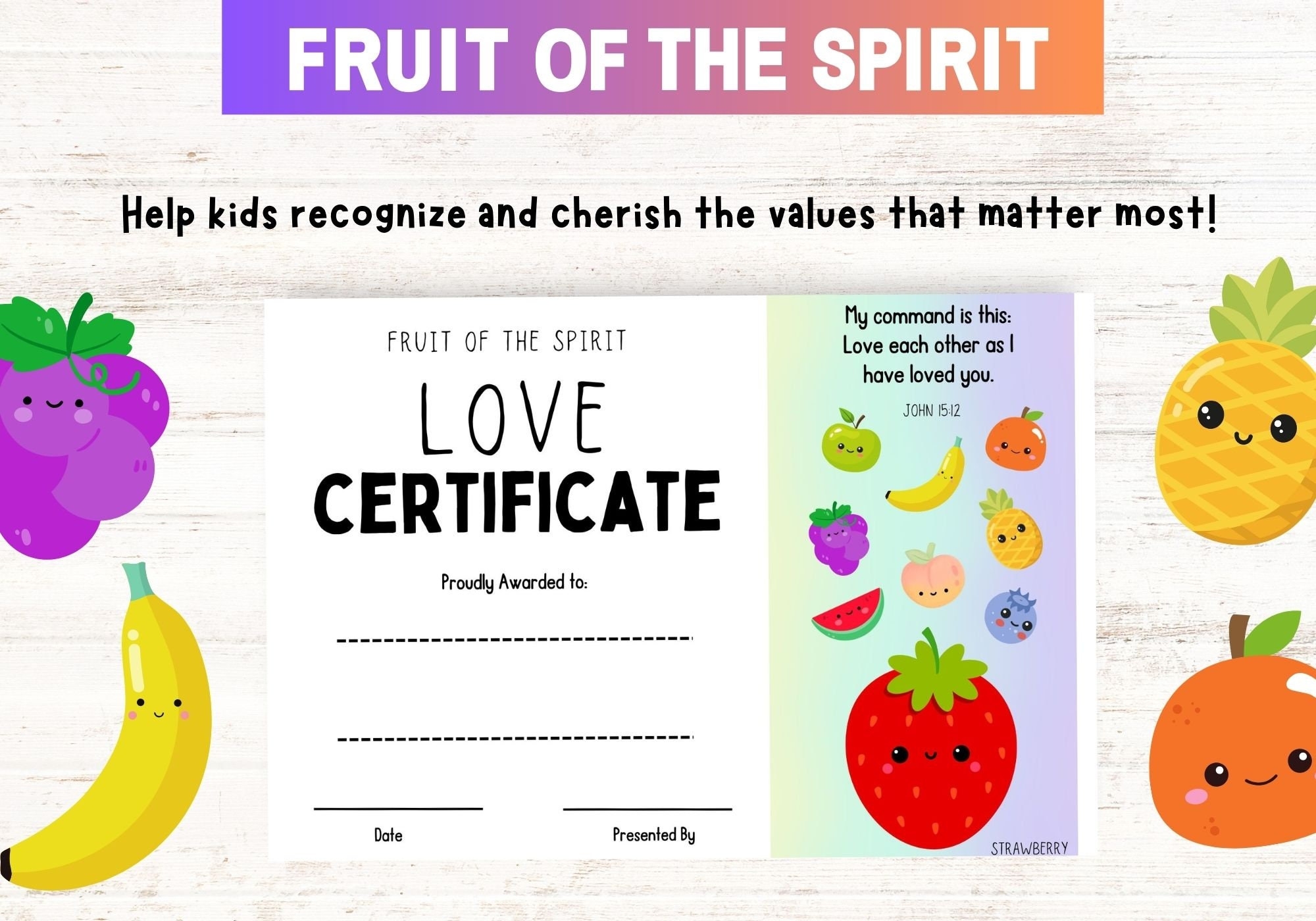 Printable Fruit Of The Spirit Certificates Printable Fruit Of The Spirit Award Christian Classroom Kids Bible Study Certificate Etsy