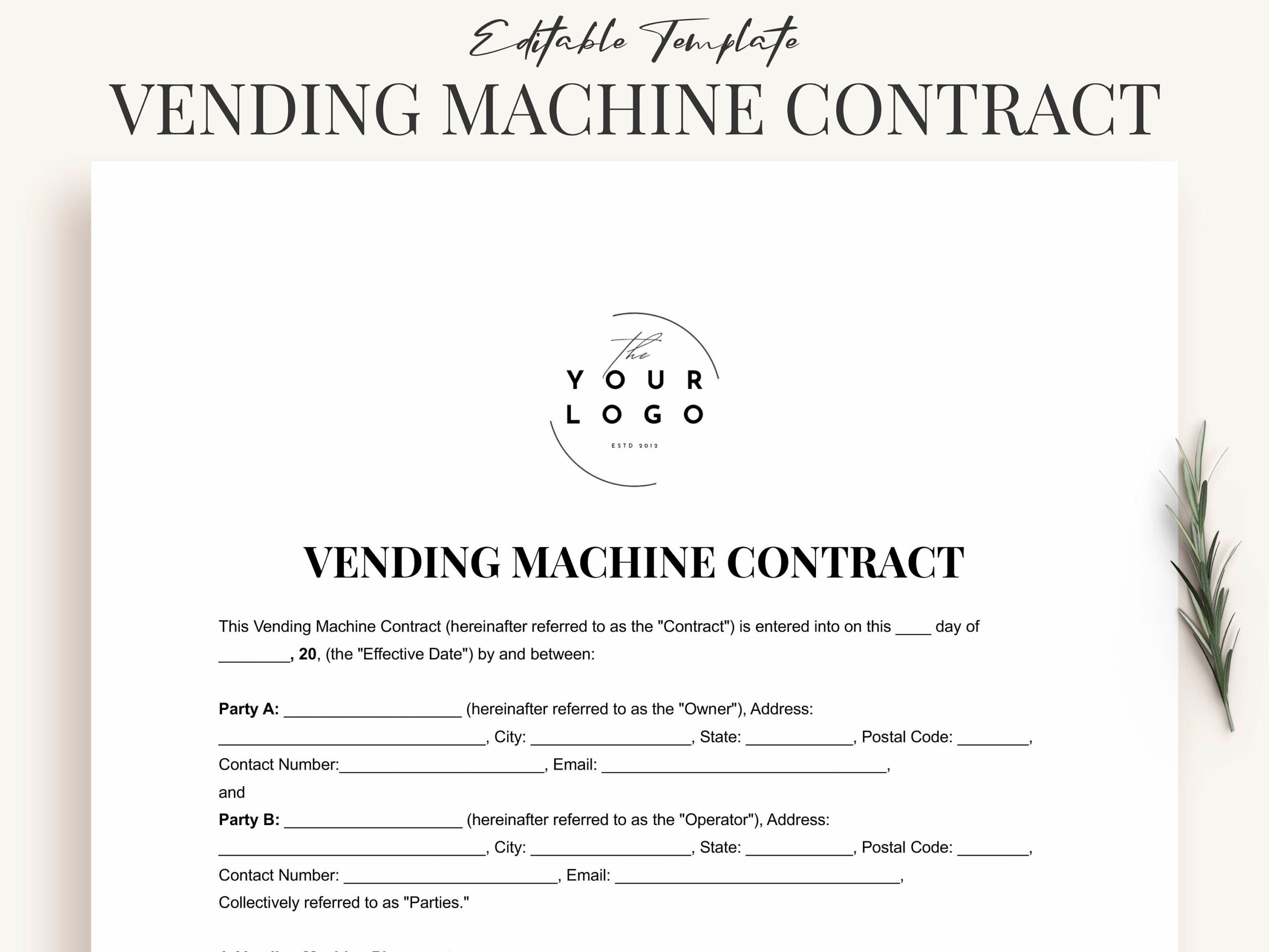Professional Vending Machine Contract Template Fully Customizable Instant Download Etsy