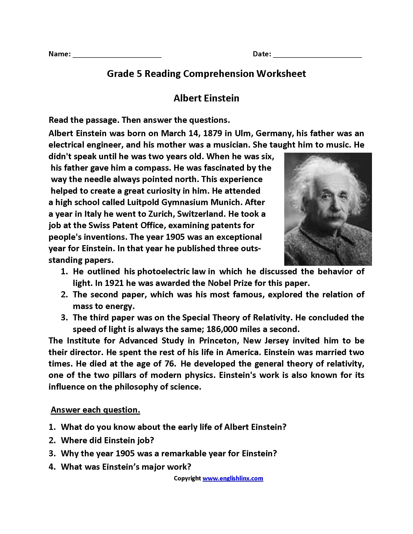 Free Printable Reading Comprehension Worksheets For 5th Grade