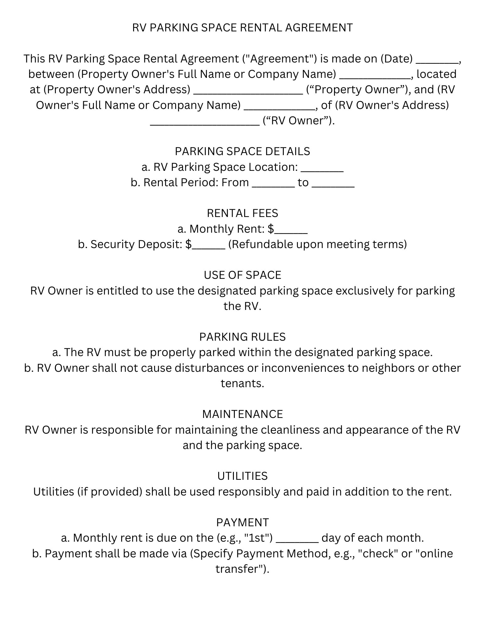 RV Parking Space Rental Agreement Template Printable PDF Instant Download RV Lease Contract Easy To Edit Etsy