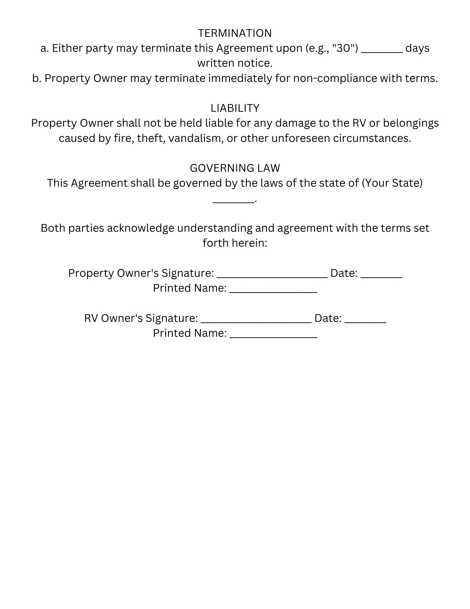 RV Parking Space Rental Agreement Template Printable PDF Instant Download RV Lease Contract Easy To Edit Etsy