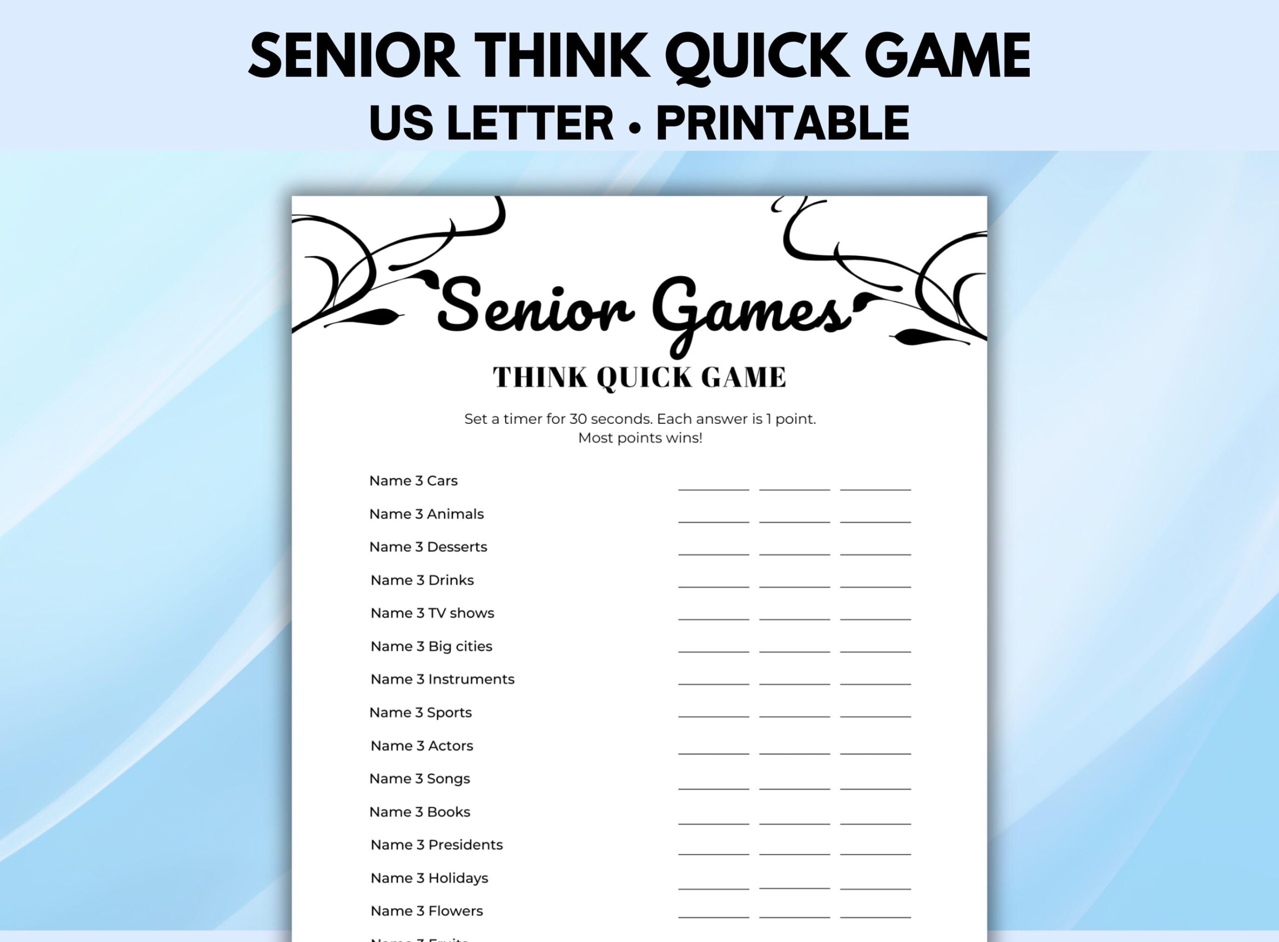 Senior Think Quick Game Printable Games For Seniors Ice Breaker Games Senior Brain Games Retirement Games Retiree Games Etsy