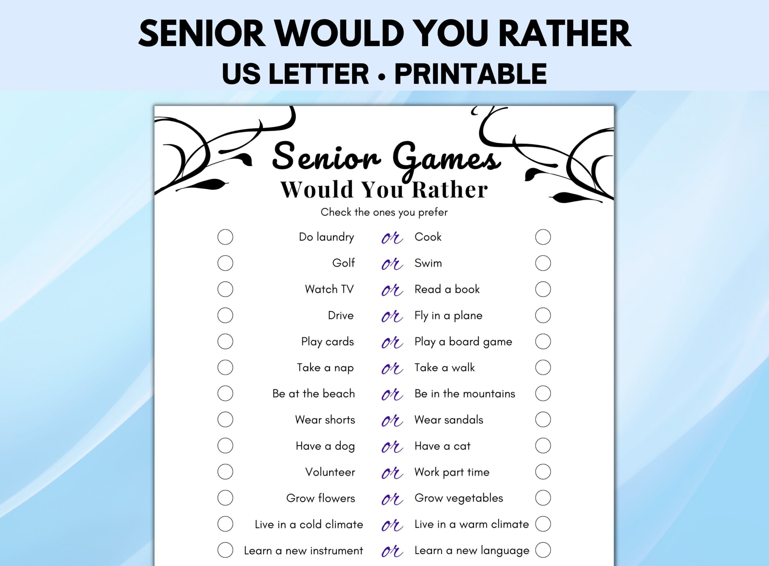 Senior Would You Rather Game Printable Games For Seniors Senior Brain Games Retirement Games Retiree Games Senior Citizen Games Etsy