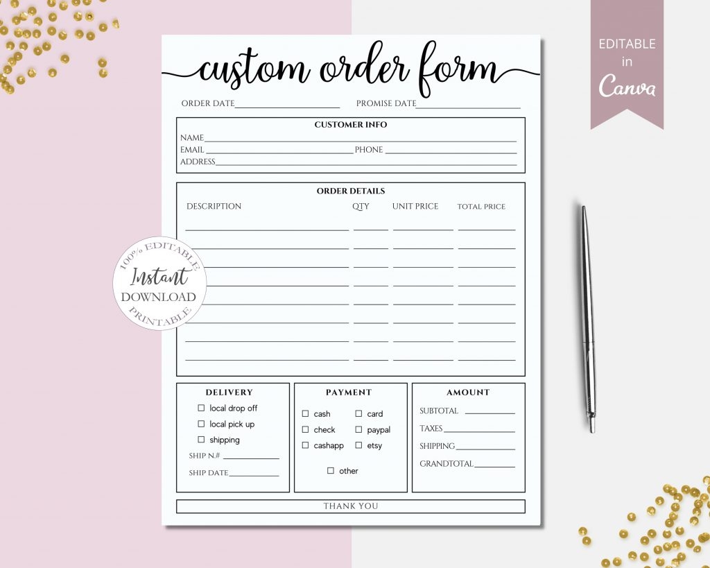 SunRayArt Designs Custom Order Form Template Editable Forms