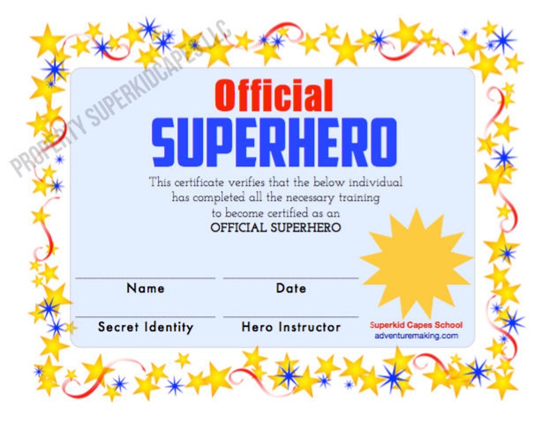 SUPERHERO CERTIFICATE Instant PRINTABLE Download And Print This Certificate After Purchase Superhero Party Printable Party Favor Etsy