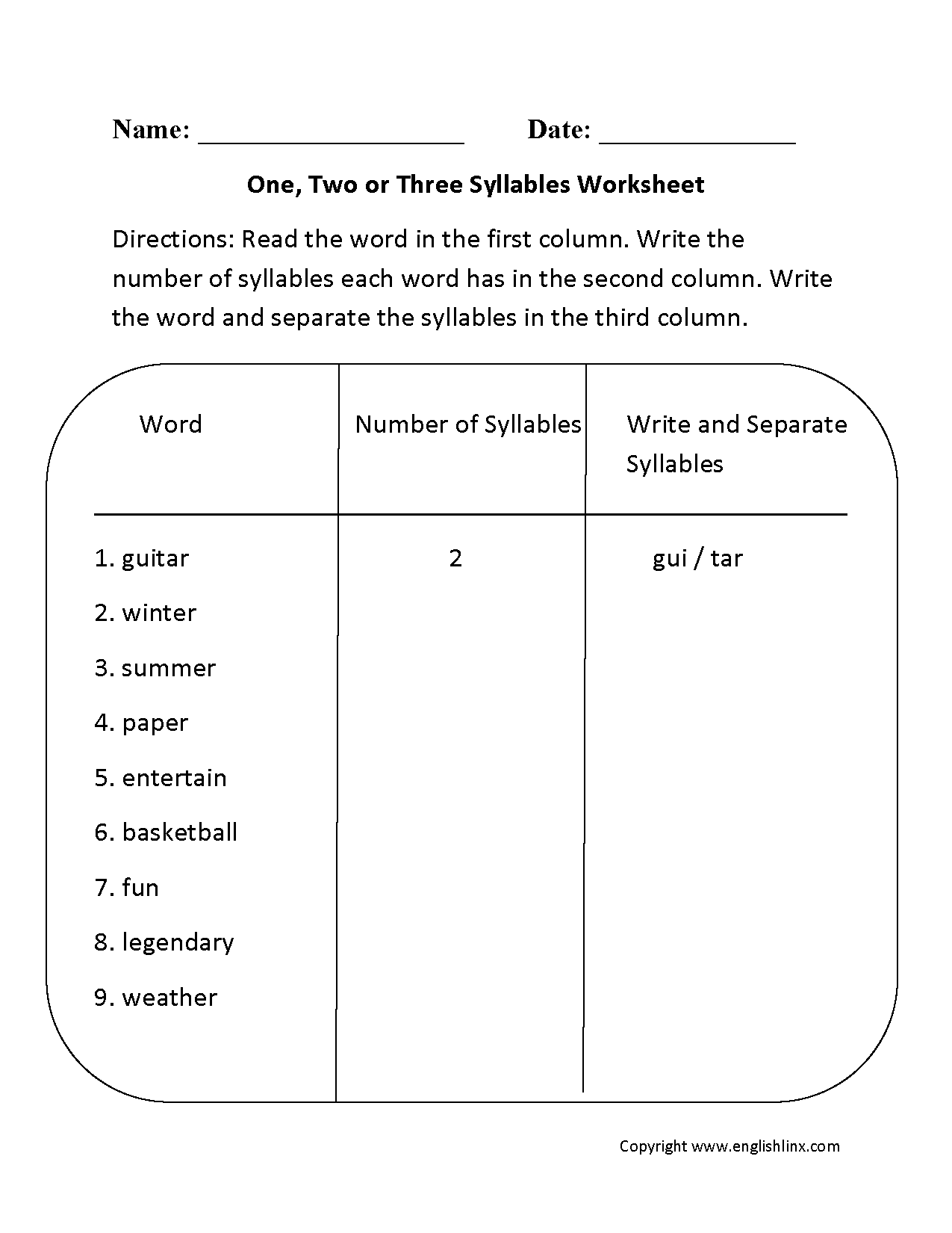 Syllables Worksheets One Two Or Three Syllables Worksheet