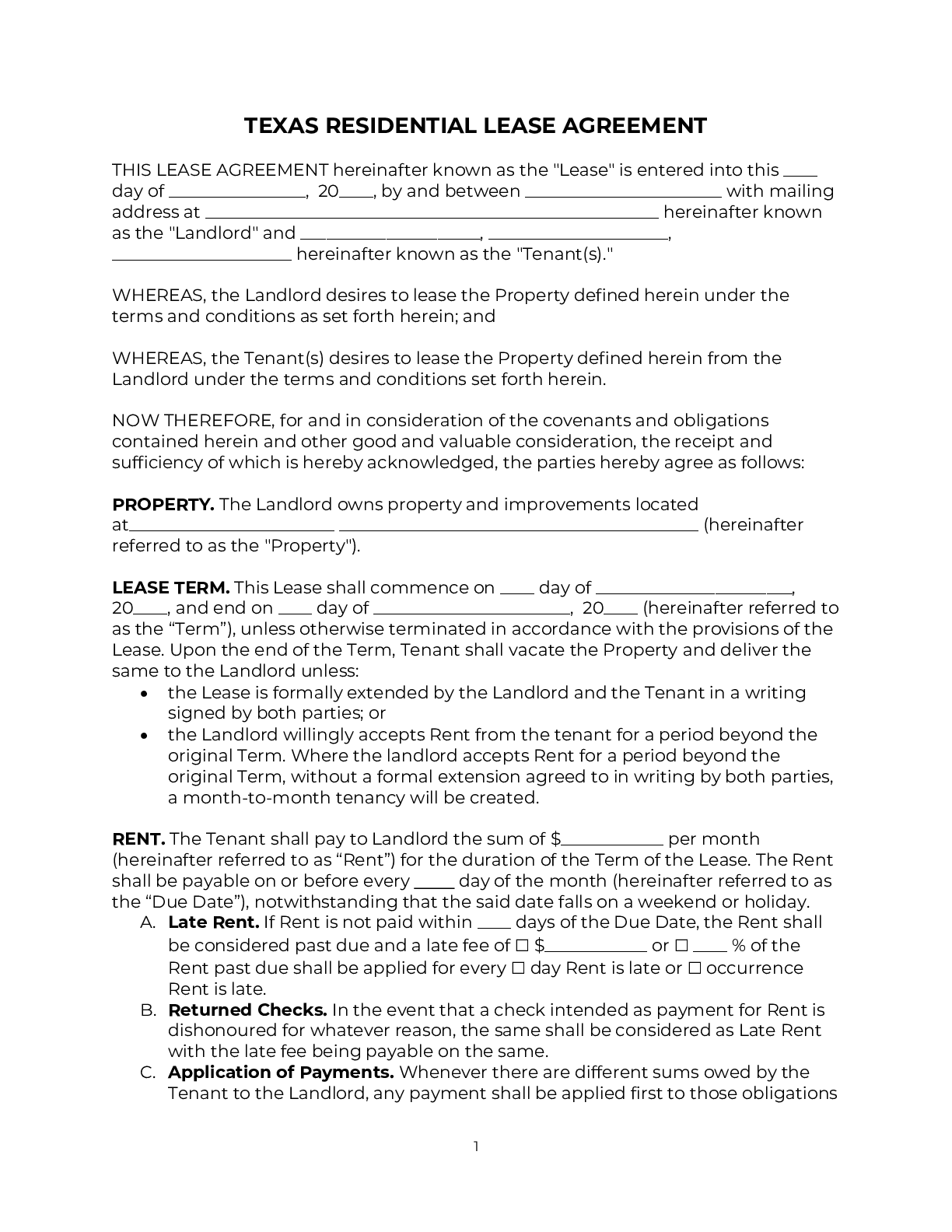 Free Printable Residential Lease Agreement Texas