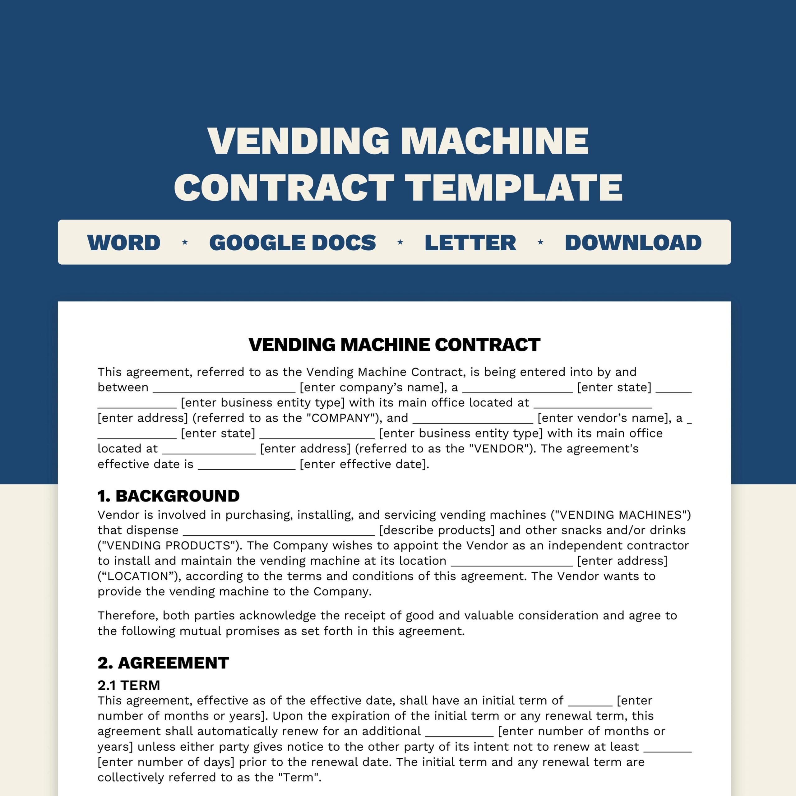 Vending Machine Contract Template Microsoft Word And Google Docs Format Letter Size Printable And Editable Etsy