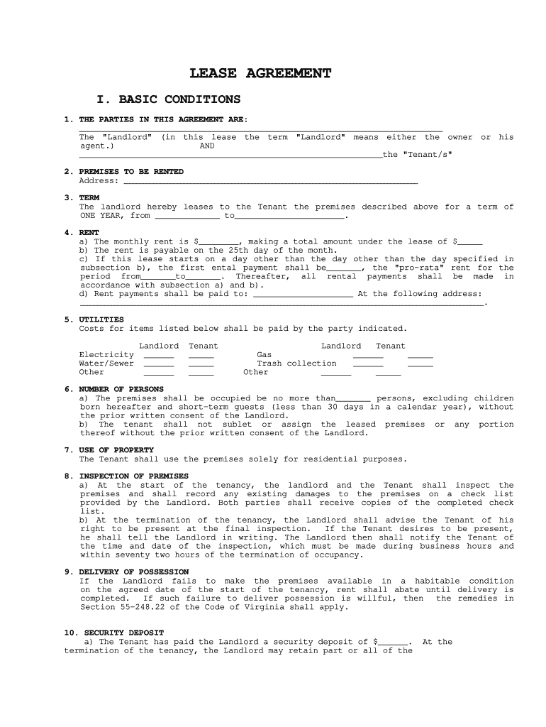 Free Printable Basic Rental Agreement Virginia