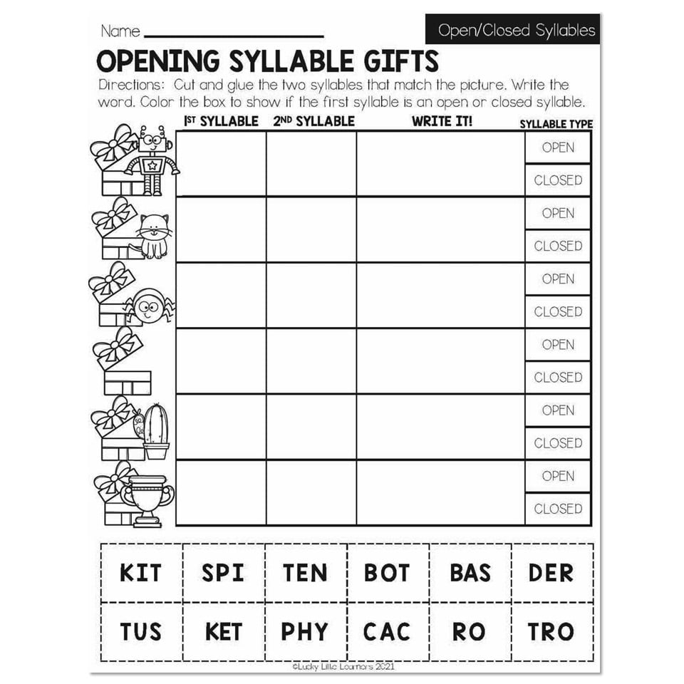 Winter Early Finishers 2nd Grade ELA Open Closed Syllables Opening Syllable Gifts Lucky Little Learners