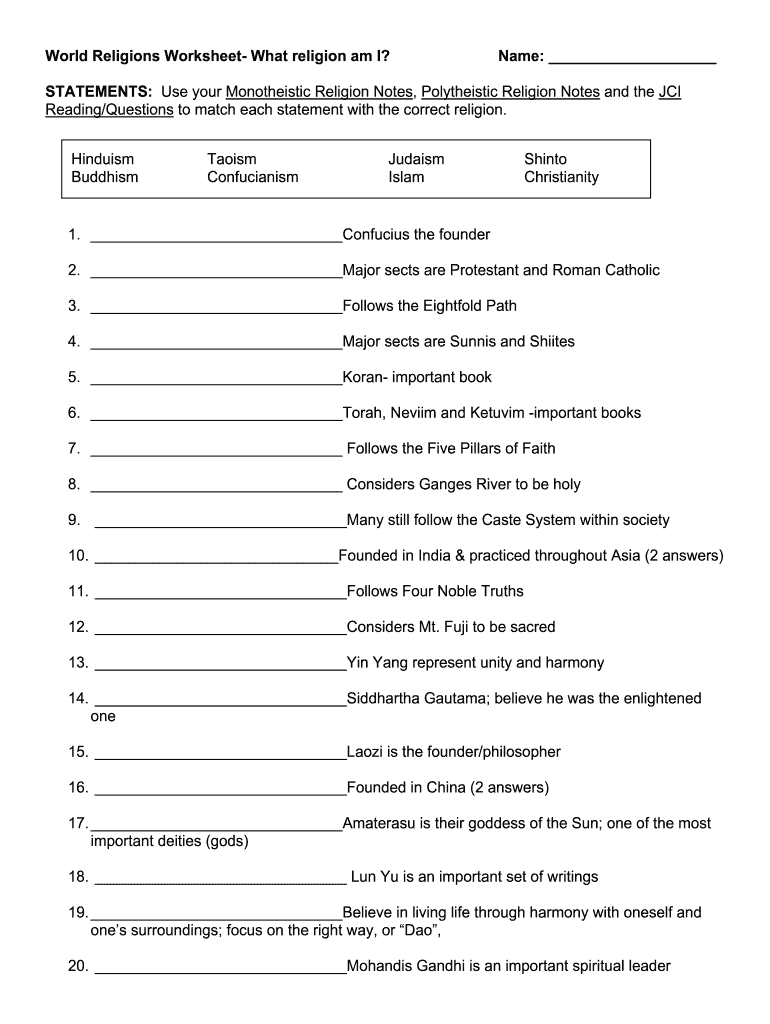 Free Printable Religion Worksheets
