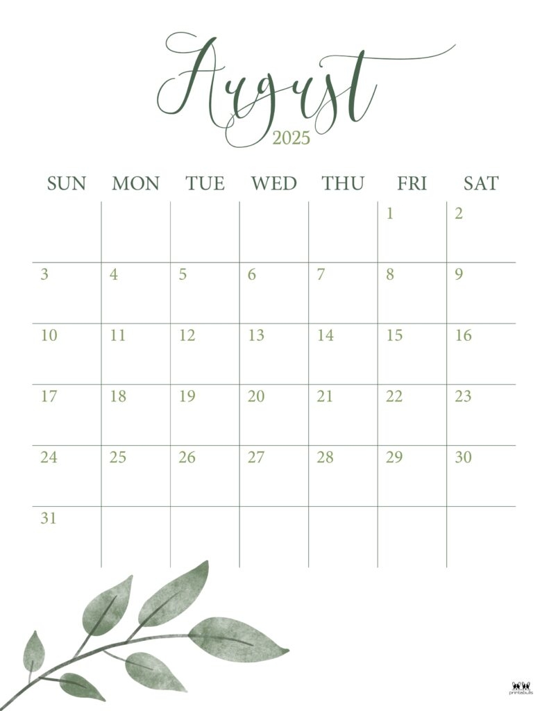 Monthly Calendar August 2025