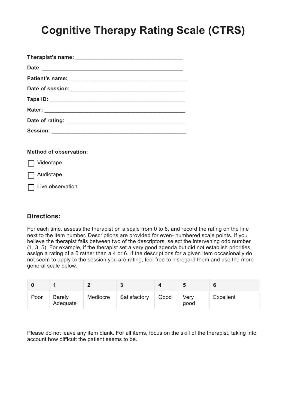 Cognitive Therapy Rating Scale CTRS Example Free PDF Download