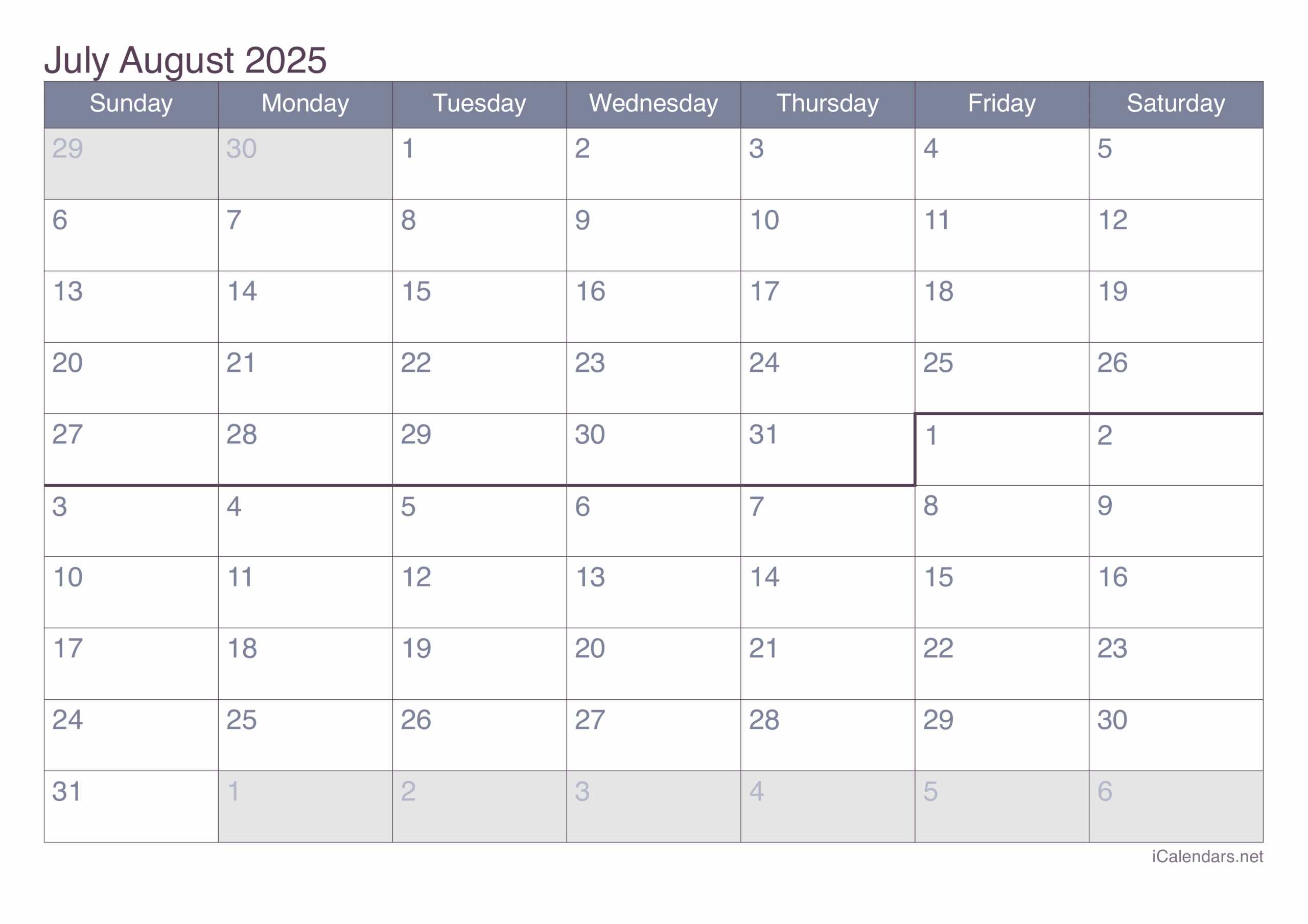 Blank Calendar June July August 2025